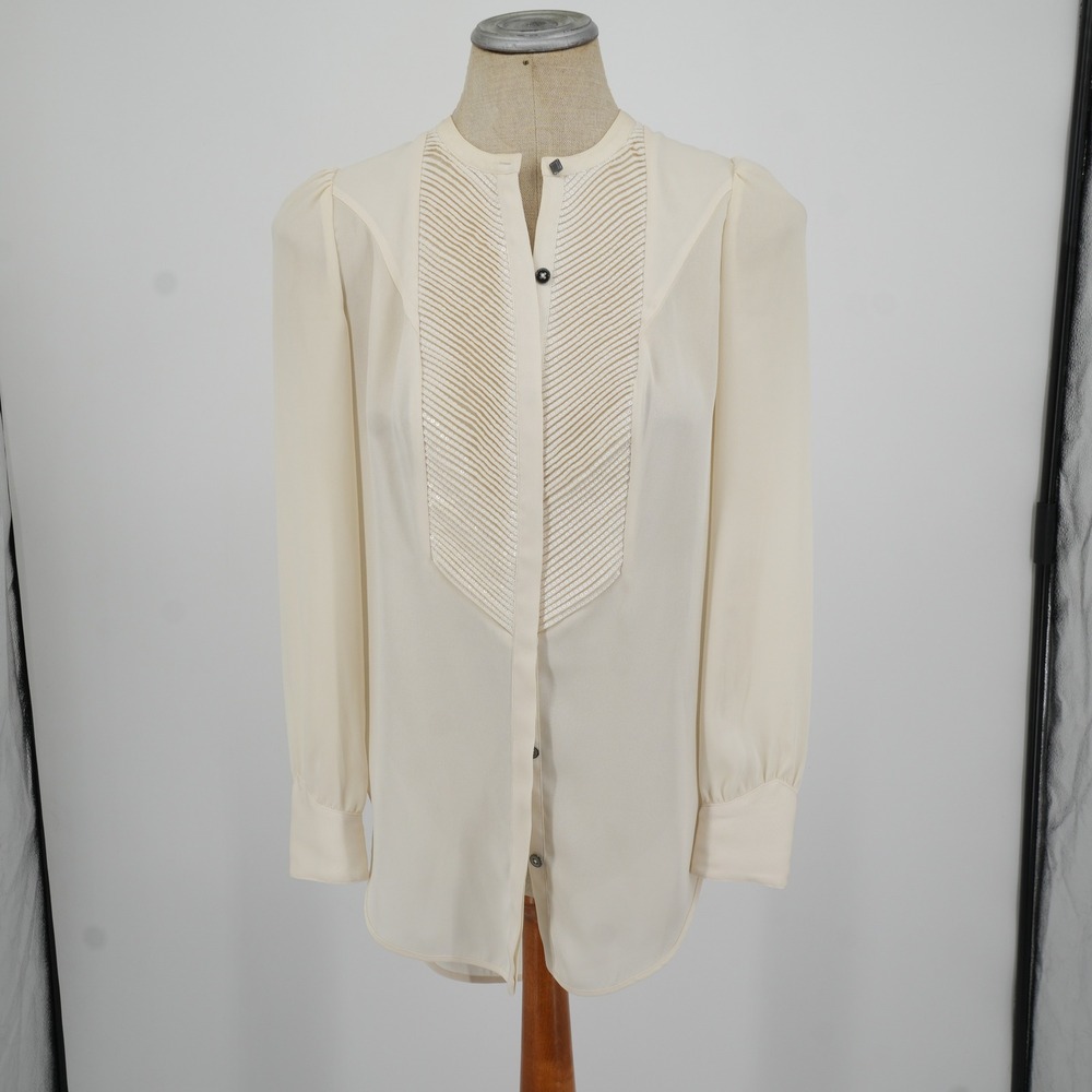 Leifsdottir Blouse Womens 0 Cream Pleated Sequin Bib Puff Sleeve Button Down Top